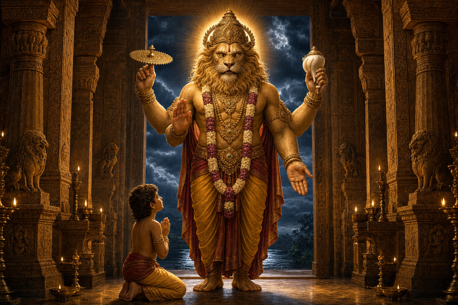 Nrsimhadeva stands at a stone temple threshold with one hand raised in protection while Prahlada kneels before him and a monsoon storm gathers outside.