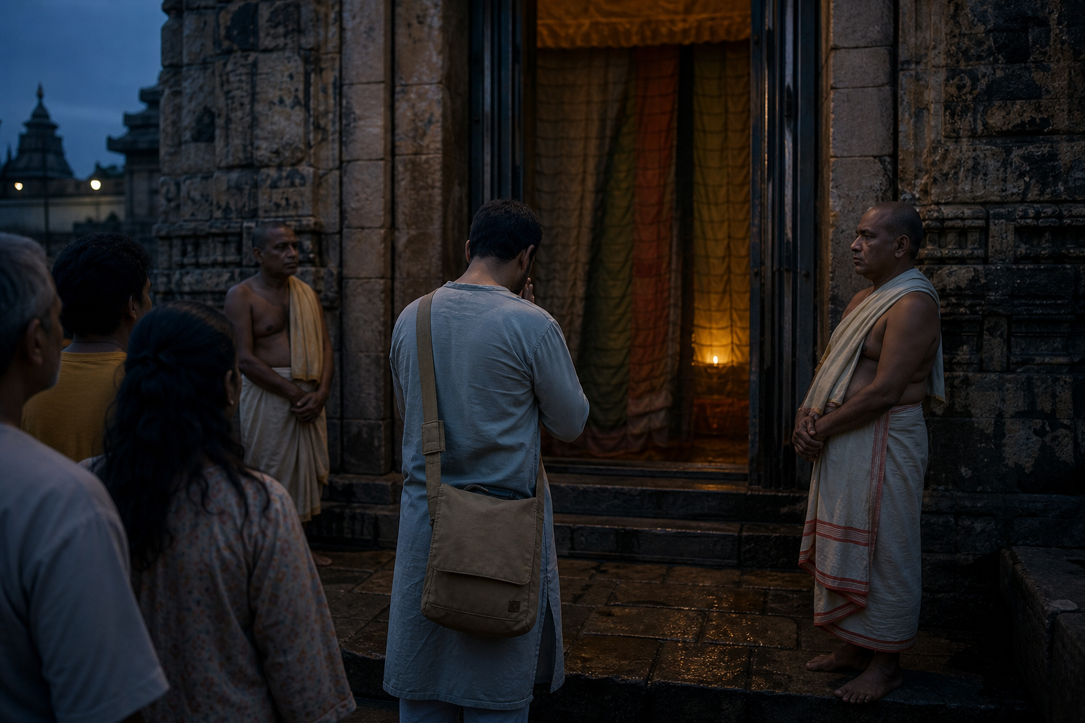 A pilgrim with folded hands pauses before a curtained temple doorway at dusk, with a camera kept inside a closed shoulder bag.