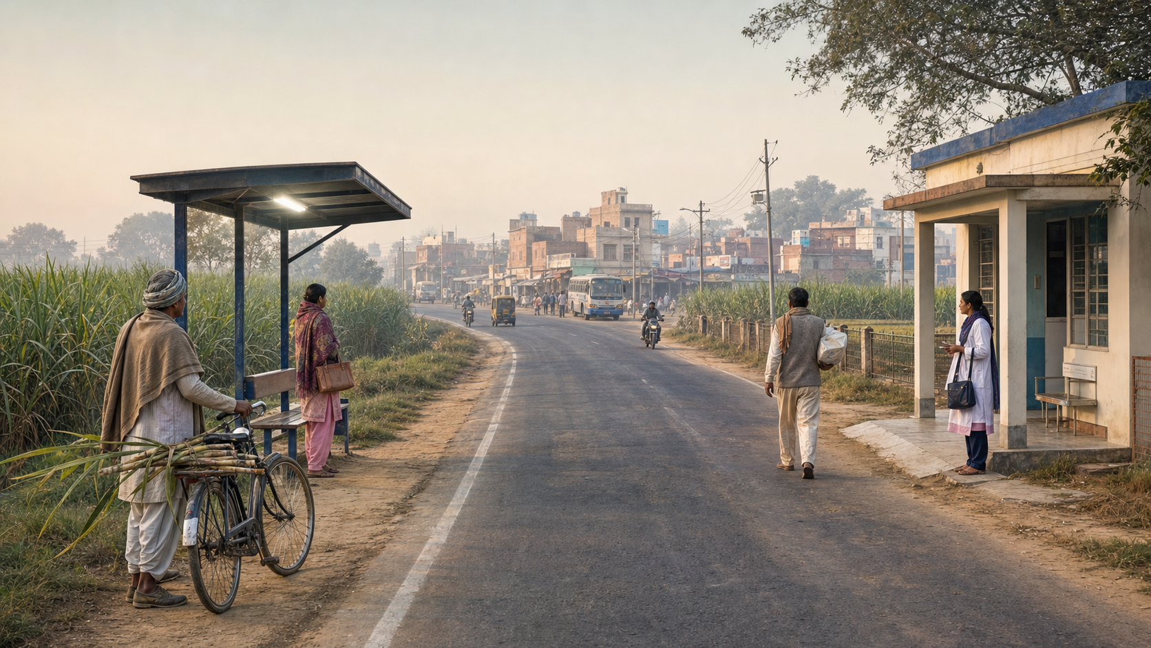 Residents, including a farmer, a bus passenger, an artisan, and a health worker, stand along a road connecting sugarcane fields with a Western Uttar Pradesh market town.