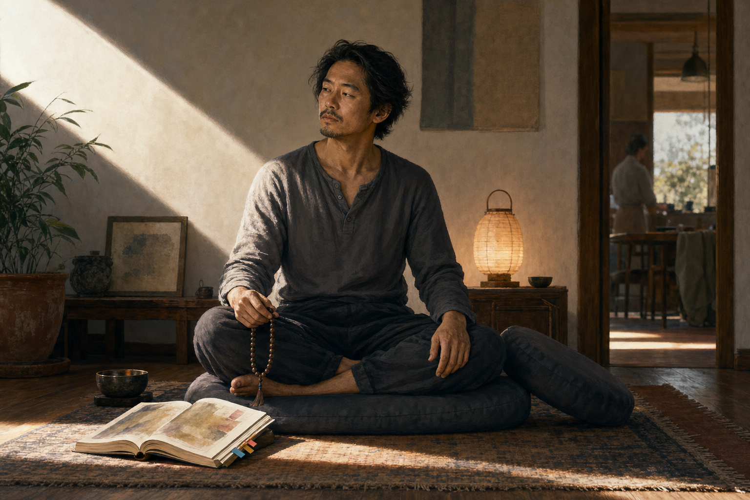 A seated practitioner pauses with prayer beads and an open scripture while calmly observing signs of distraction in the room.