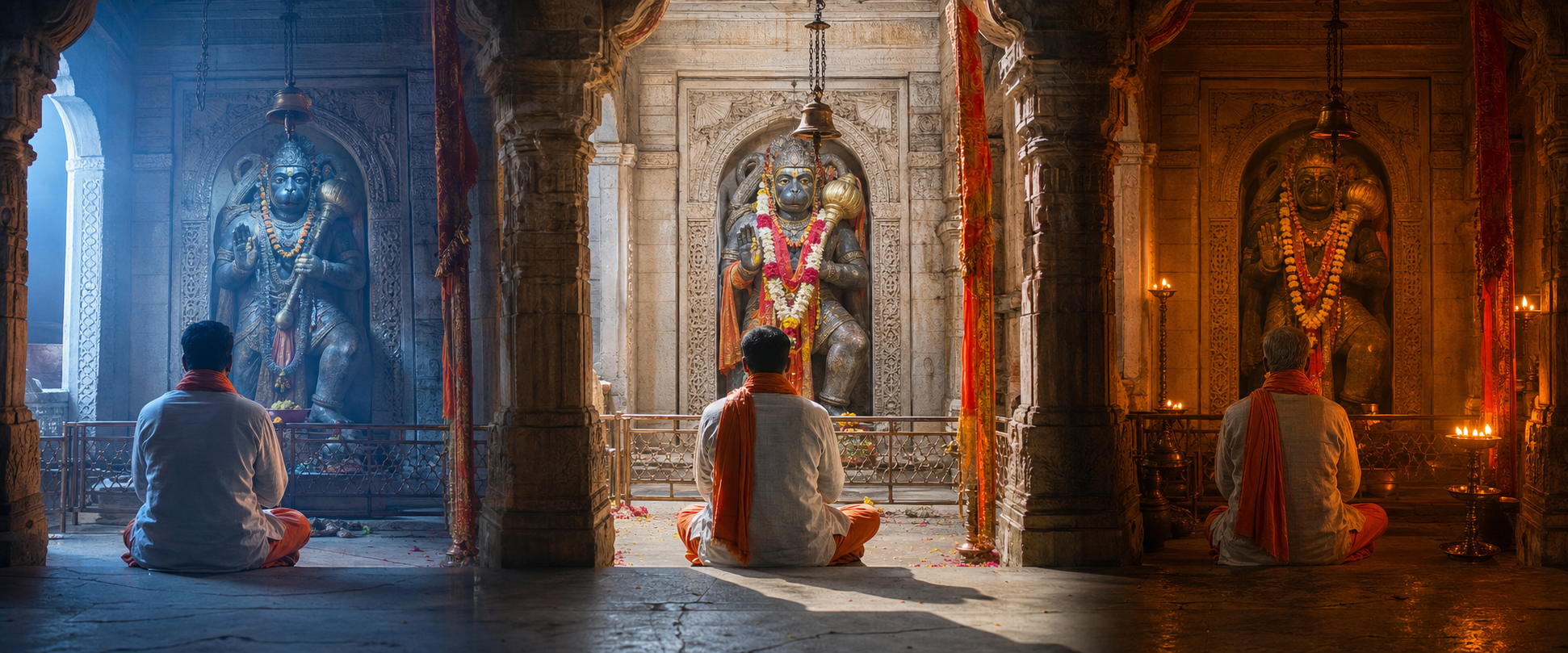 A pilgrim returns to the same Hanuman shrine in morning, midday, and evening light.