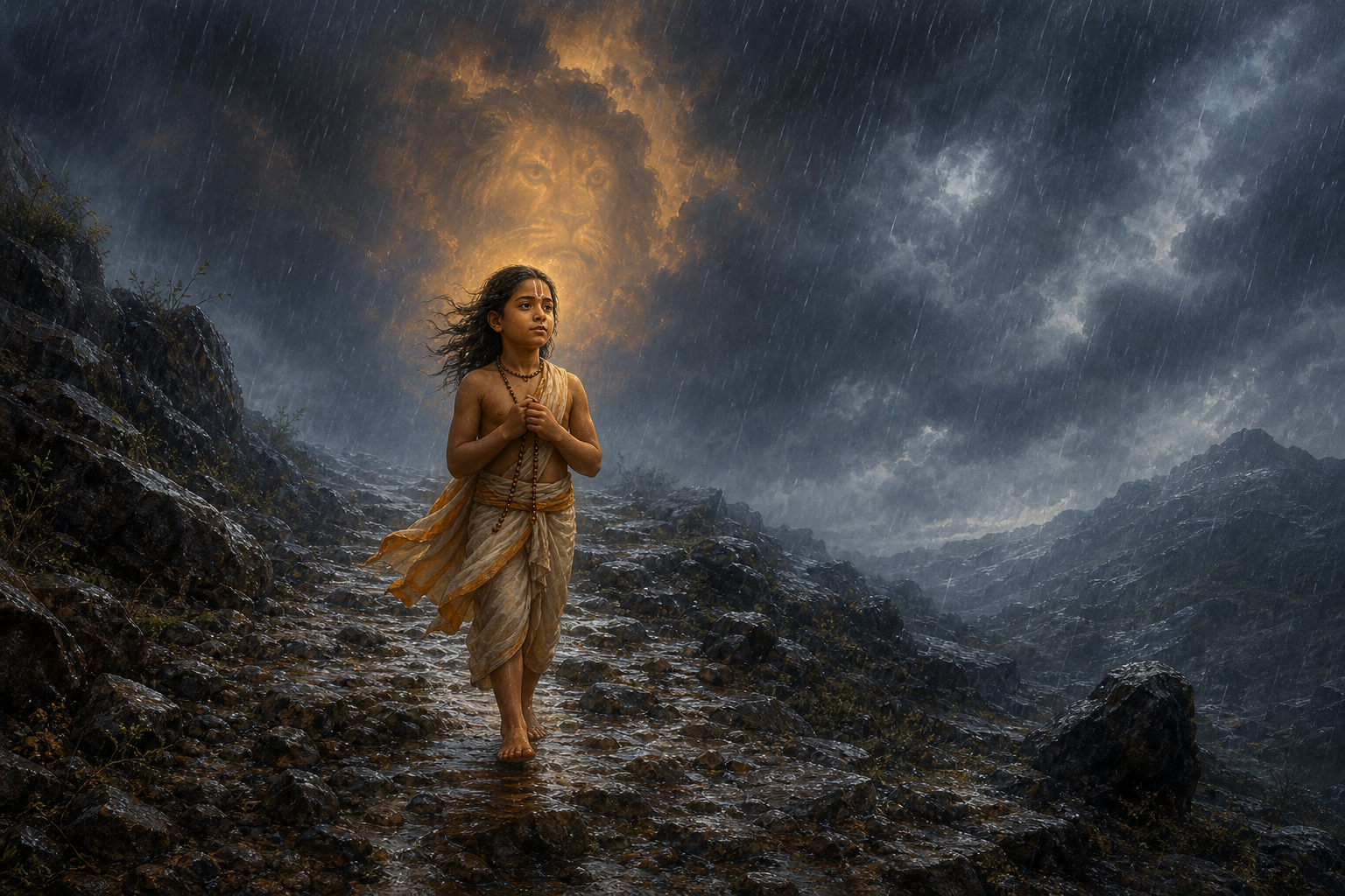 Prahlada walks calmly with prayer beads along a steep rocky path in heavy rain as a warm leonine radiance appears faintly in the clouds behind him.