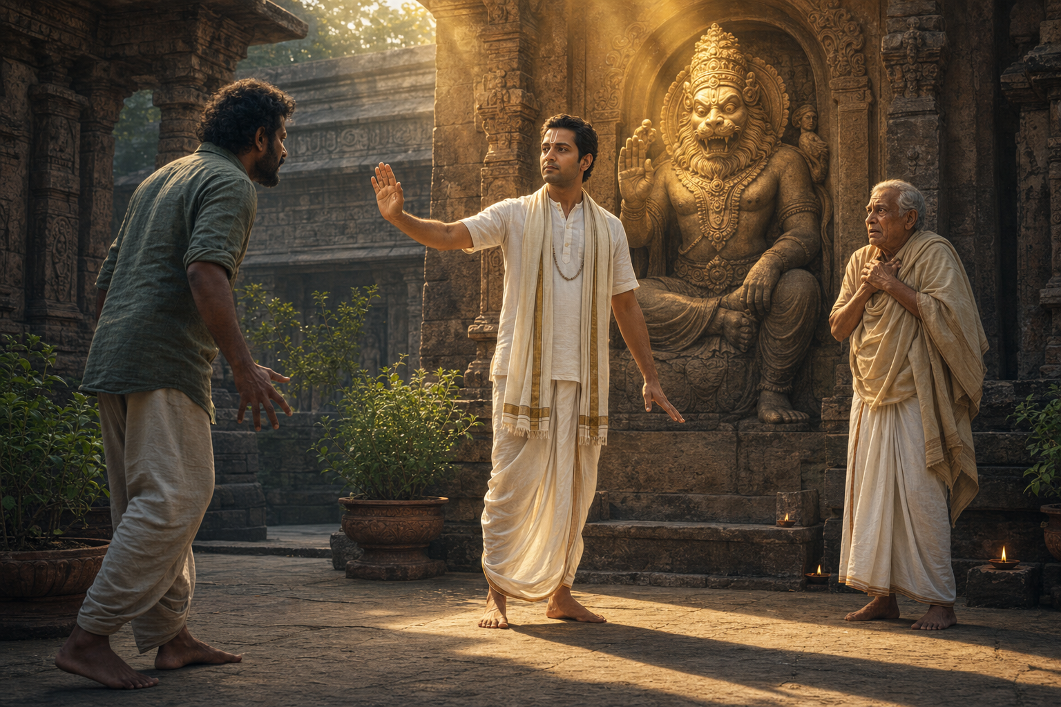 A Vaishnava householder raises an open hand while standing between an angry man and an elderly person in a temple courtyard, with a carved Nrsimhadeva image behind them.