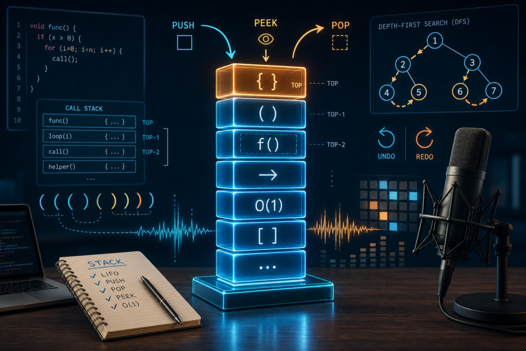 Glowing stack data structure with push, pop, peek, call stack, DFS, and microphone visuals