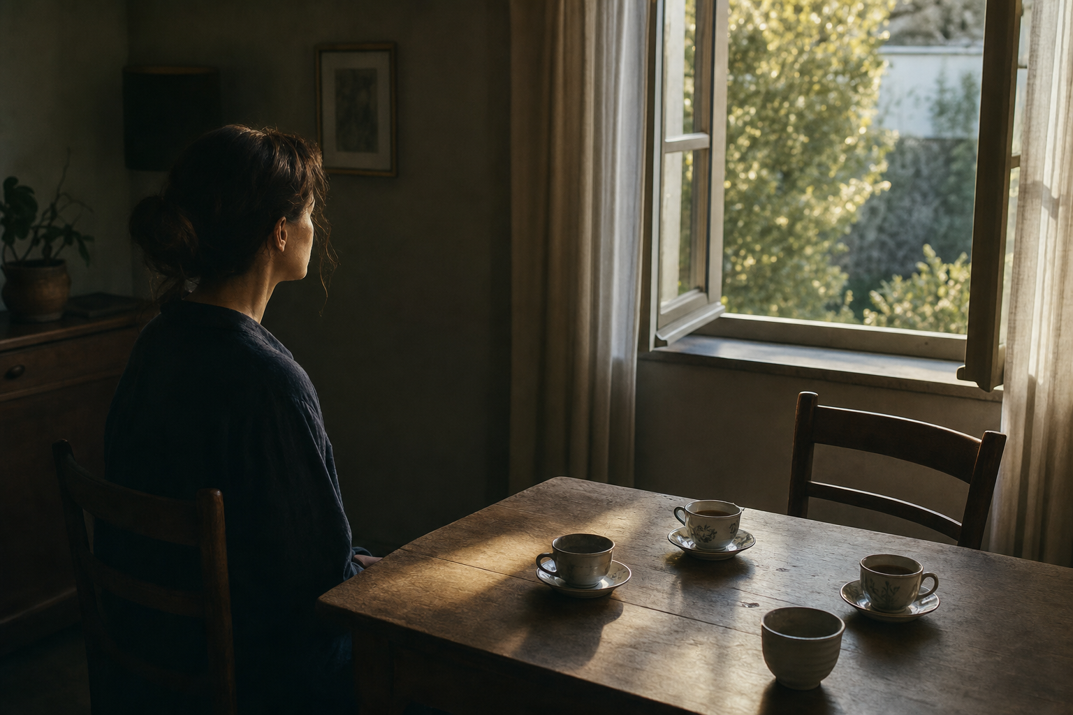 An adult sits quietly beside an empty chair and several untouched cups, looking toward a sunlit window.