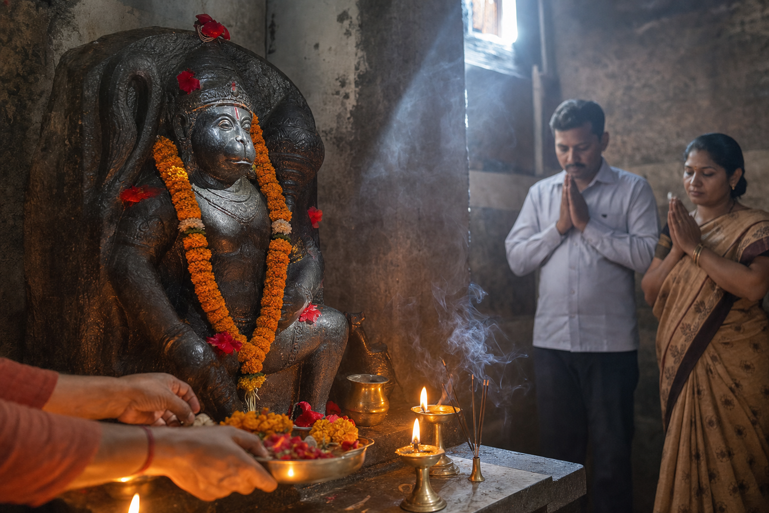 Natural light and oil lamps illuminate a weathered Hanuman murti as devotees pray and offerings are arranged.
