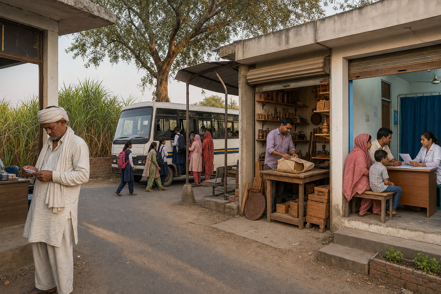 A continuous streetscape shows a sugarcane farmer at a cooperative office, passengers boarding a rural bus, an artisan packing an order, and a family consulting a clinic nurse.