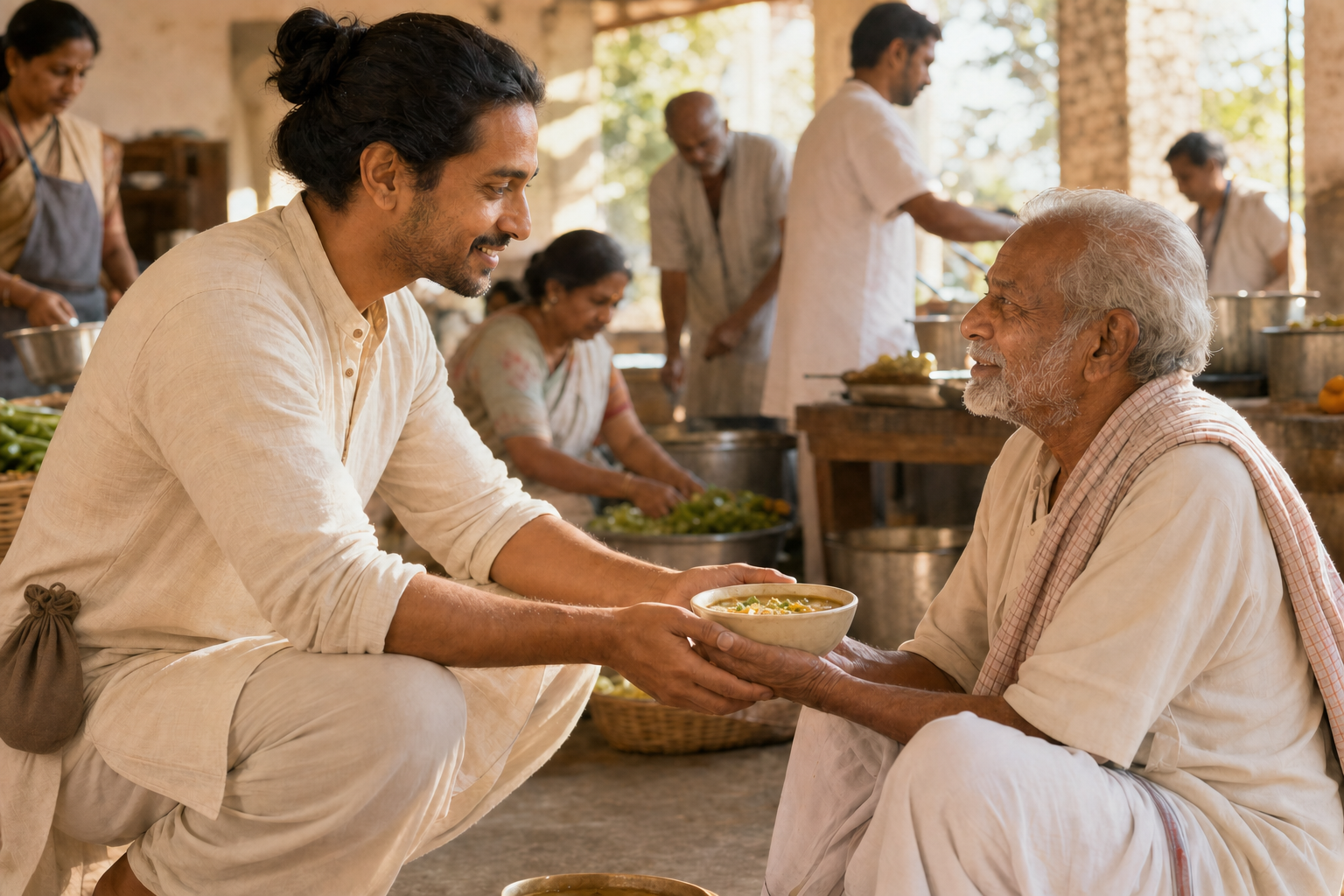 A practitioner serves a bowl of food to an elderly guest in a bright community kitchen while others work nearby.