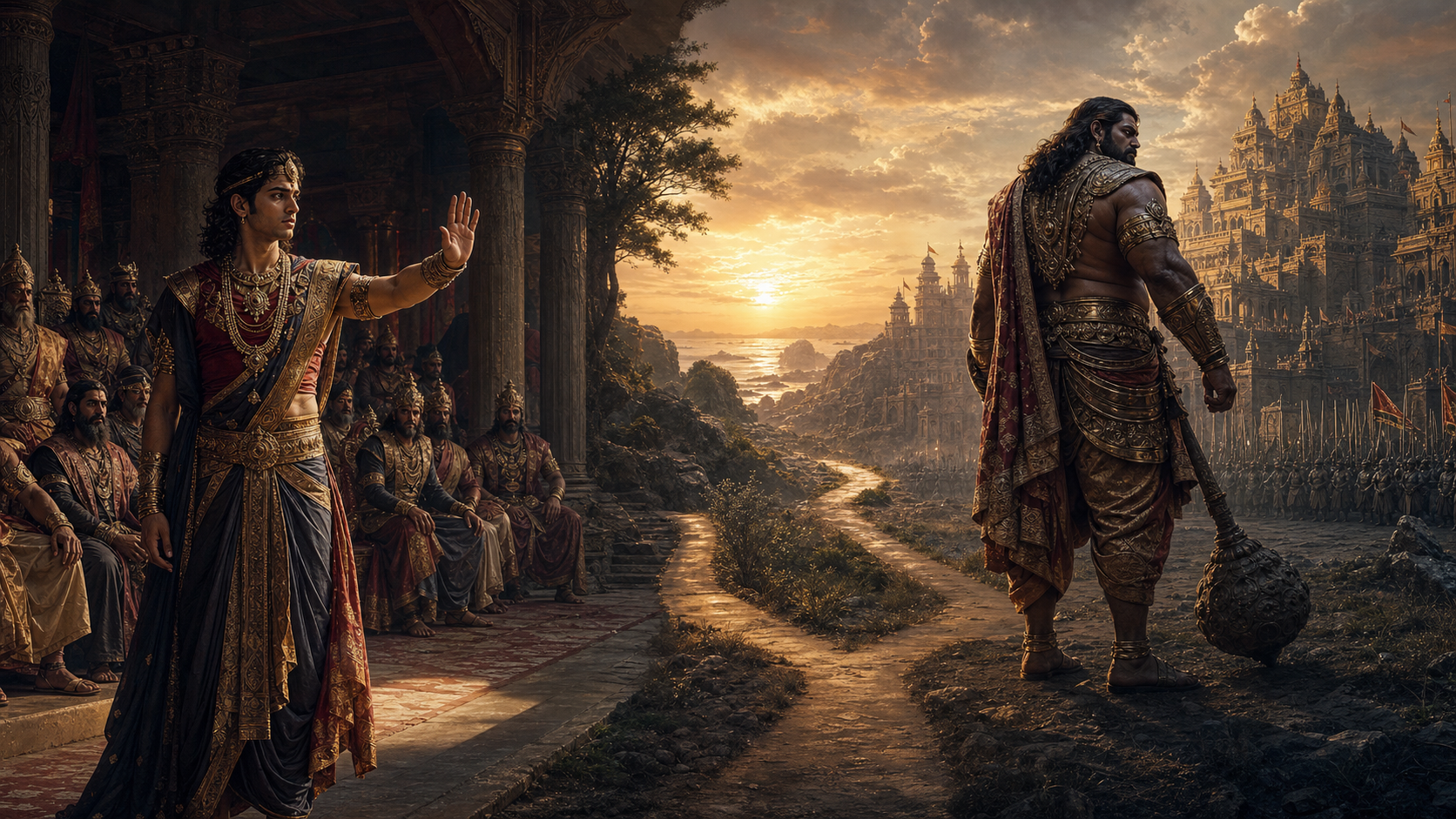 Vikarna raises a hand in objection in a royal assembly while Kumbhakarna looks back toward Lanka from the edge of a battlefield.