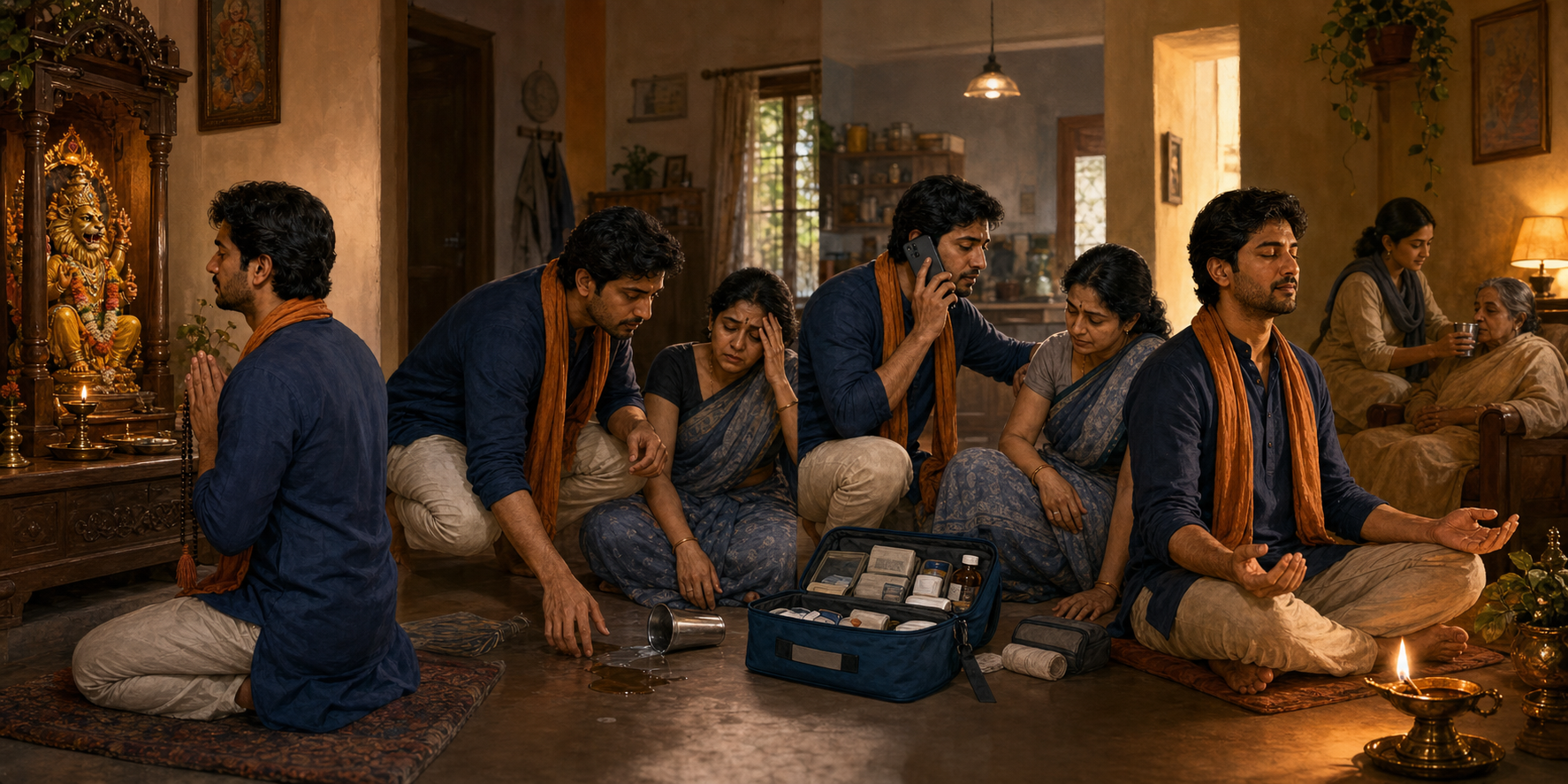 Four connected scenes show a householder praying before a Nrsimhadeva shrine, assessing a family emergency, taking practical action, and sitting calmly after help has been given.