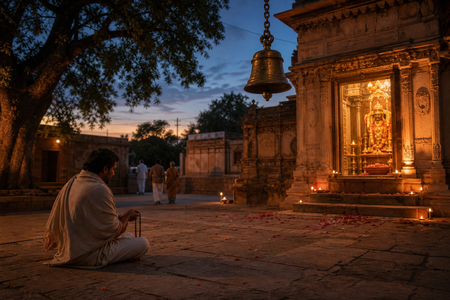 A pilgrim uses prayer beads in a temple courtyard at dusk while the Hanuman sanctum glows with oil lamps.