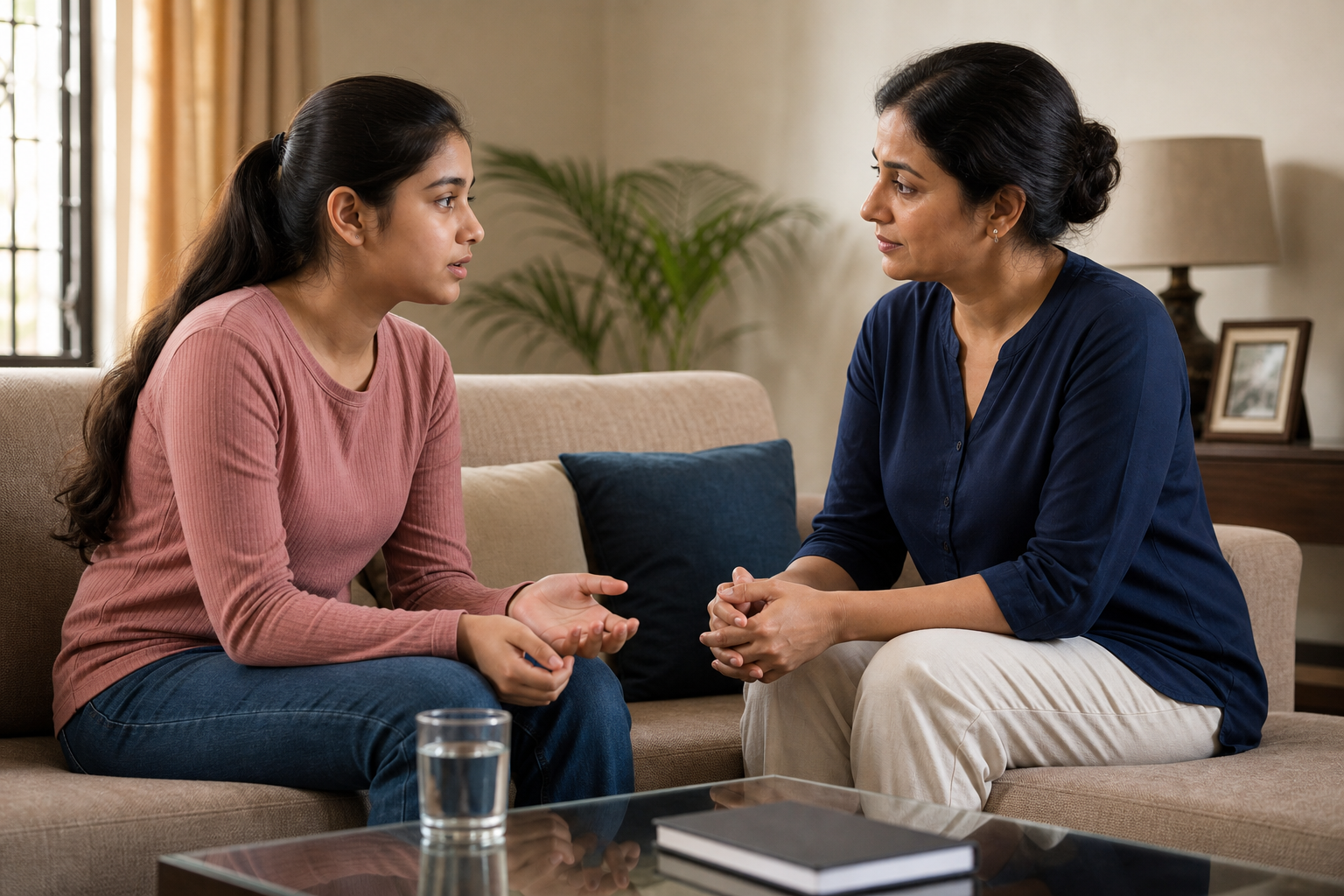 A teenage girl speaks to a parent who listens calmly in the privacy of their living room.
