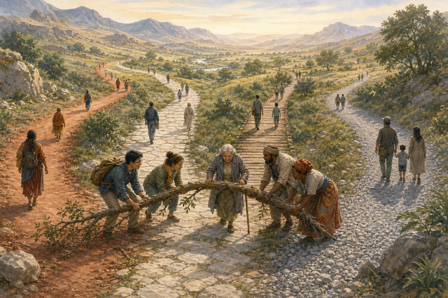 Travelers on four different paths pause together to lift a fallen branch for an older person before continuing along separate routes.