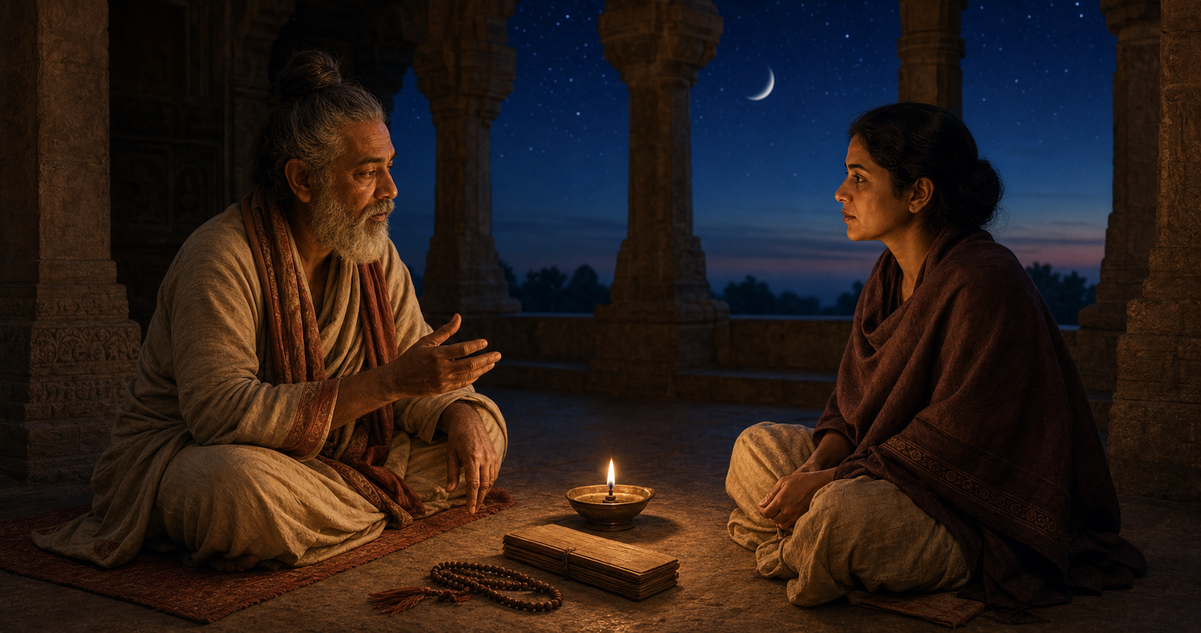A spiritual teacher and an adult practitioner sit beside an oil lamp and a closed manuscript in a temple while the moon and stars appear outside.
