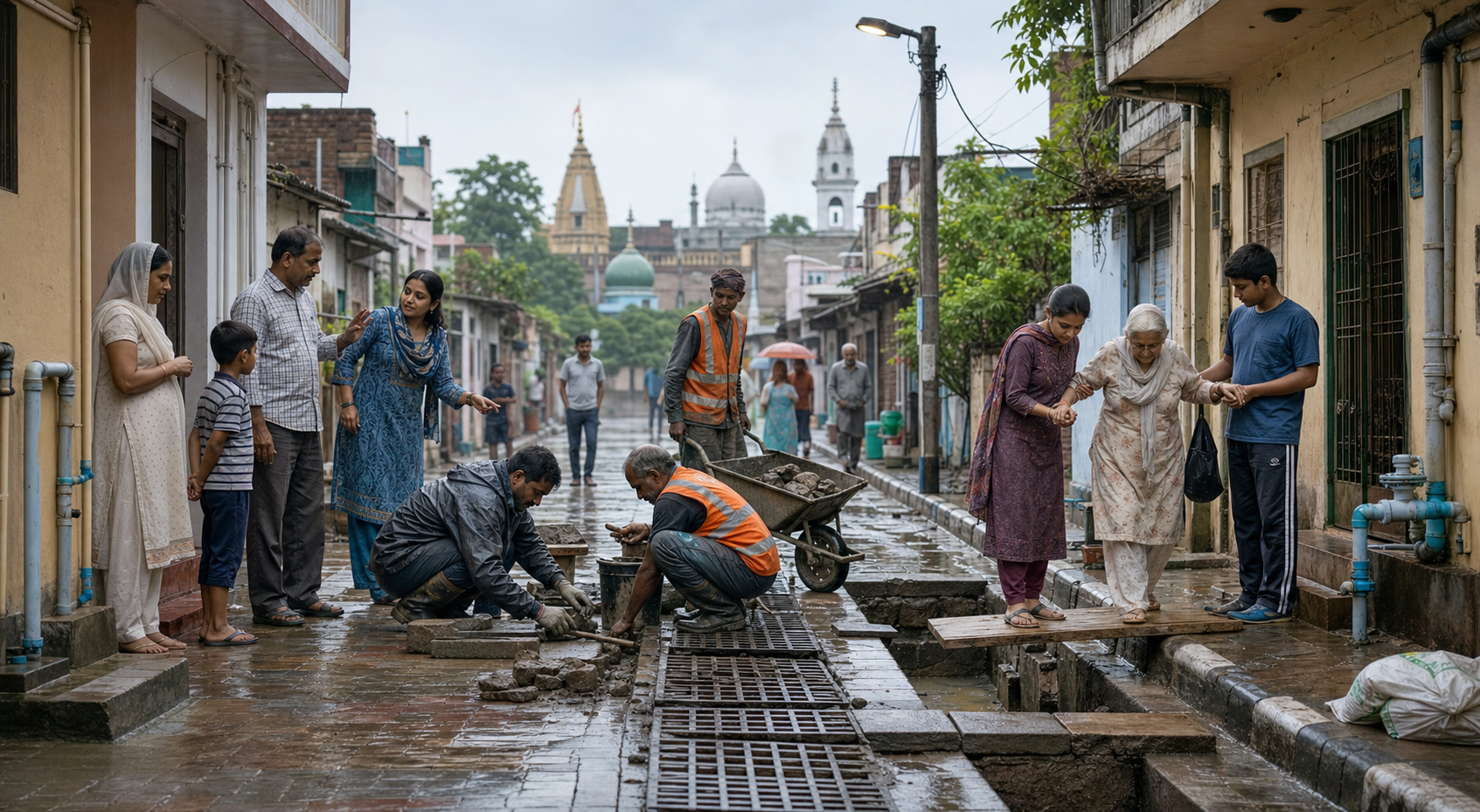 Municipal workers repair a shared neighborhood lane and drain as residents watch and help an elderly person cross a temporary walkway.
