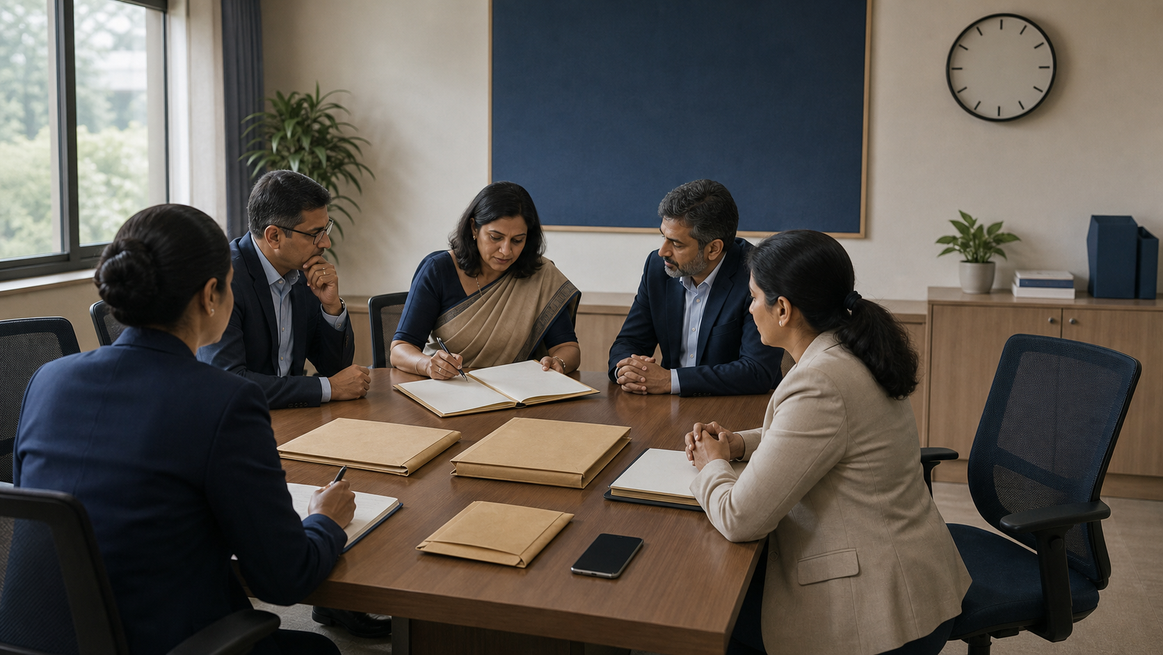 School administrators and a safeguarding professional review sealed records and digital evidence in a private conference room.