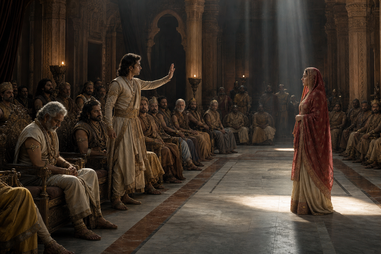 A young Vikarna stands with his palm raised in a tense royal court while a dignified woman faces rows of silent elders and warriors.