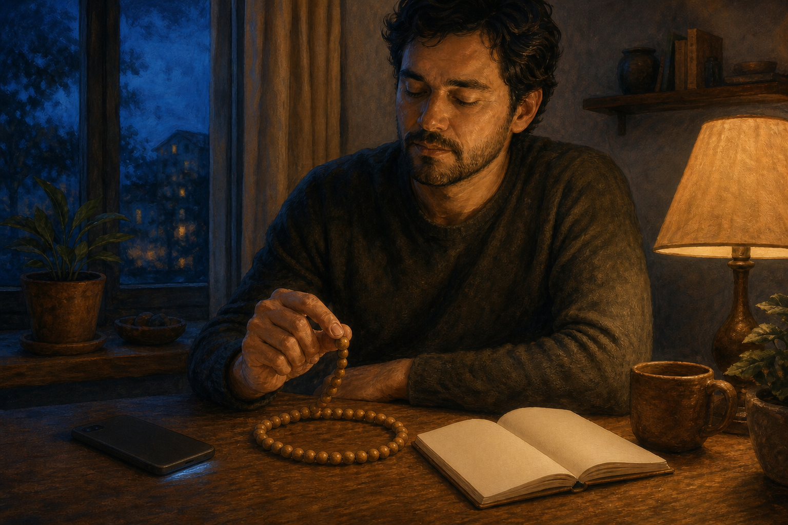 An adult pauses beside a face-down phone while holding one bead from a loop of plain wooden practice beads at a desk.