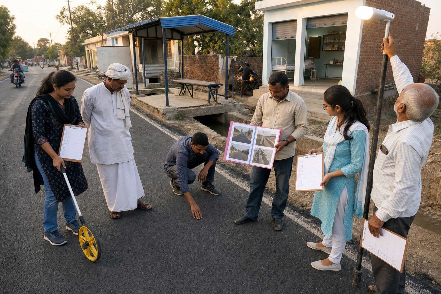 Residents and an engineer inspect a paved road, streetlight, drain, bus stop, clinic, and workshop lane using a measuring wheel and blank checklists.