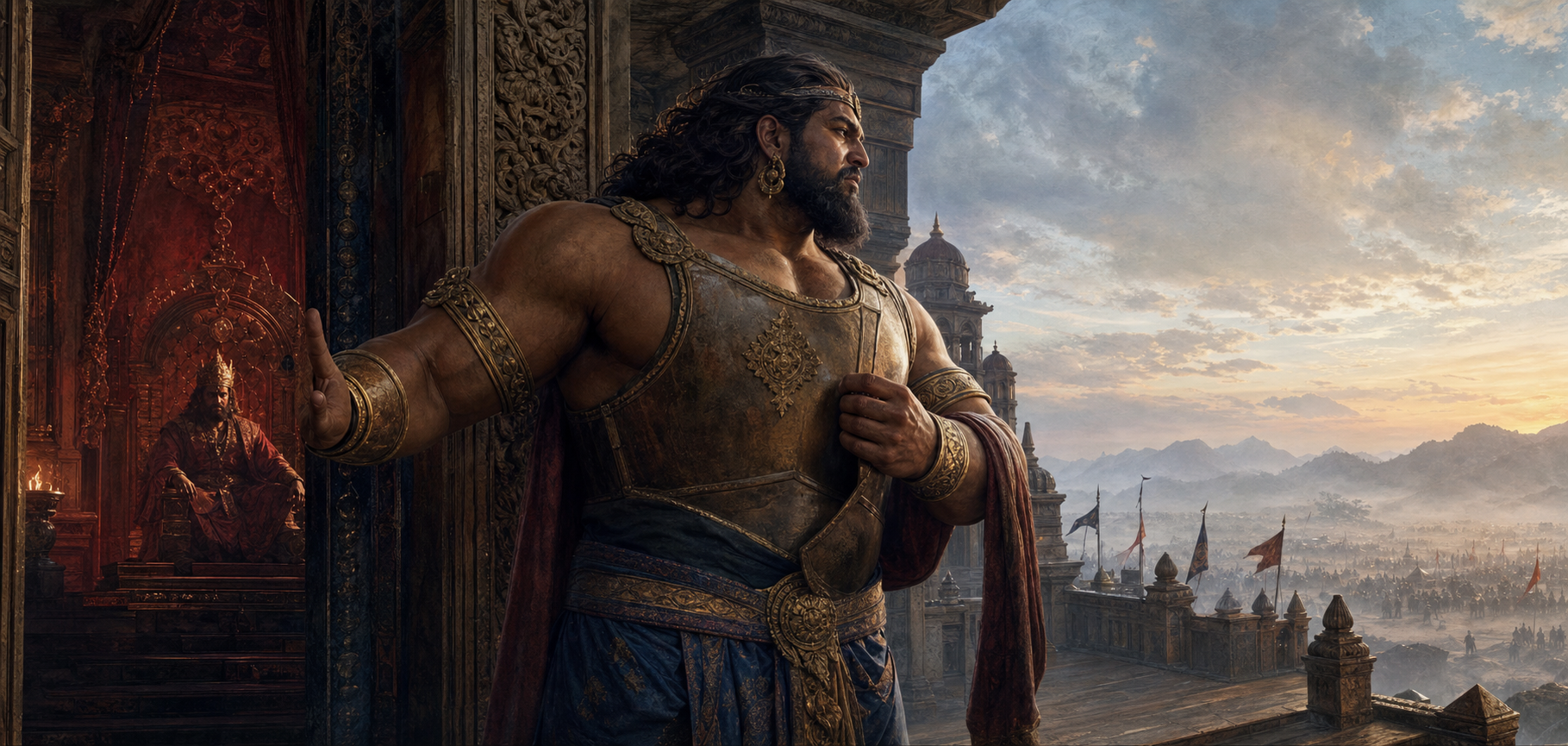 Kumbhakarna pauses between a shadowed palace throne room and a dawn battlefield while putting on his armor.
