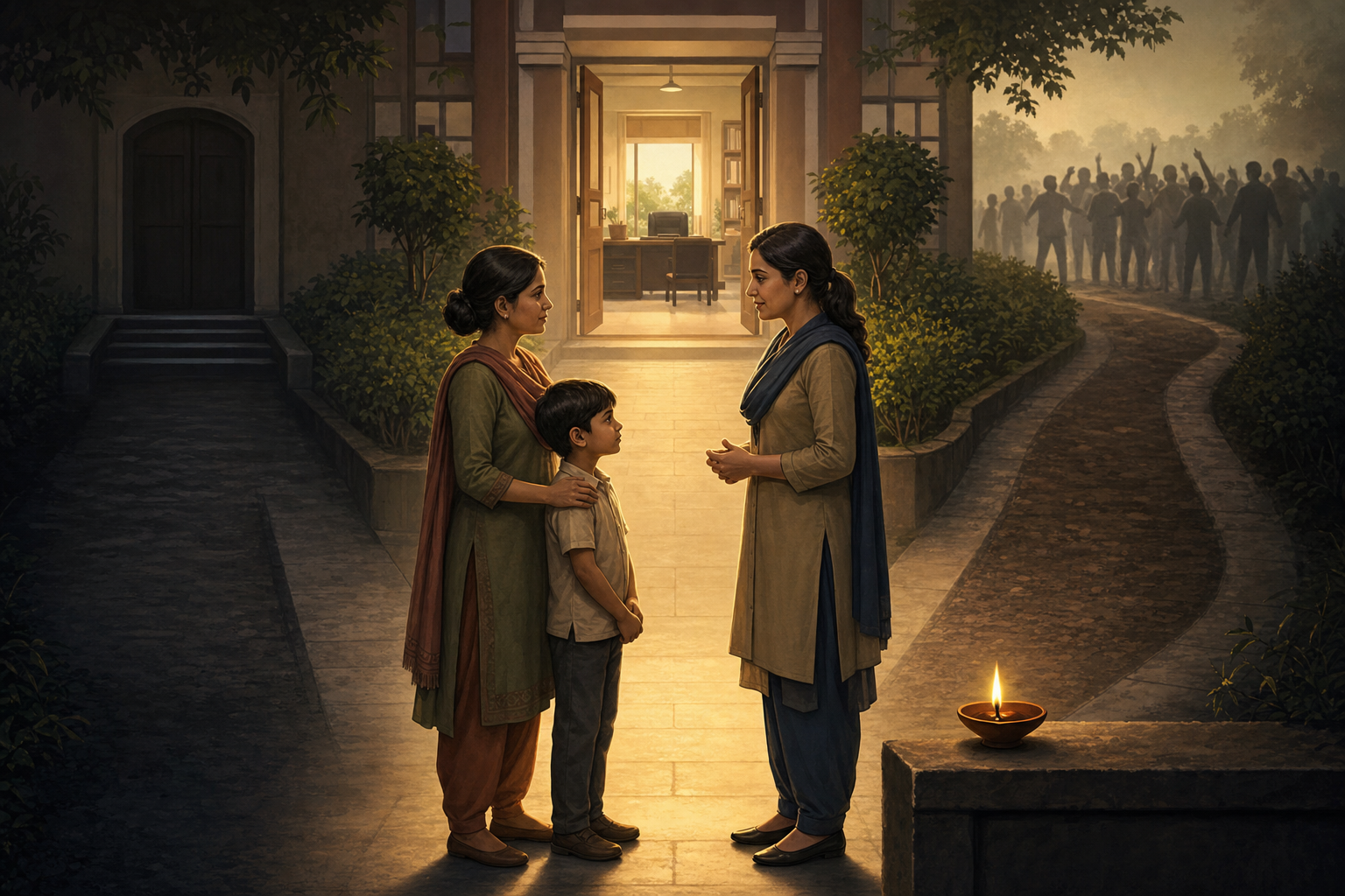 A parent, child, and safeguarding officer stand on a calm central path between a closed doorway and a distant agitated crowd.