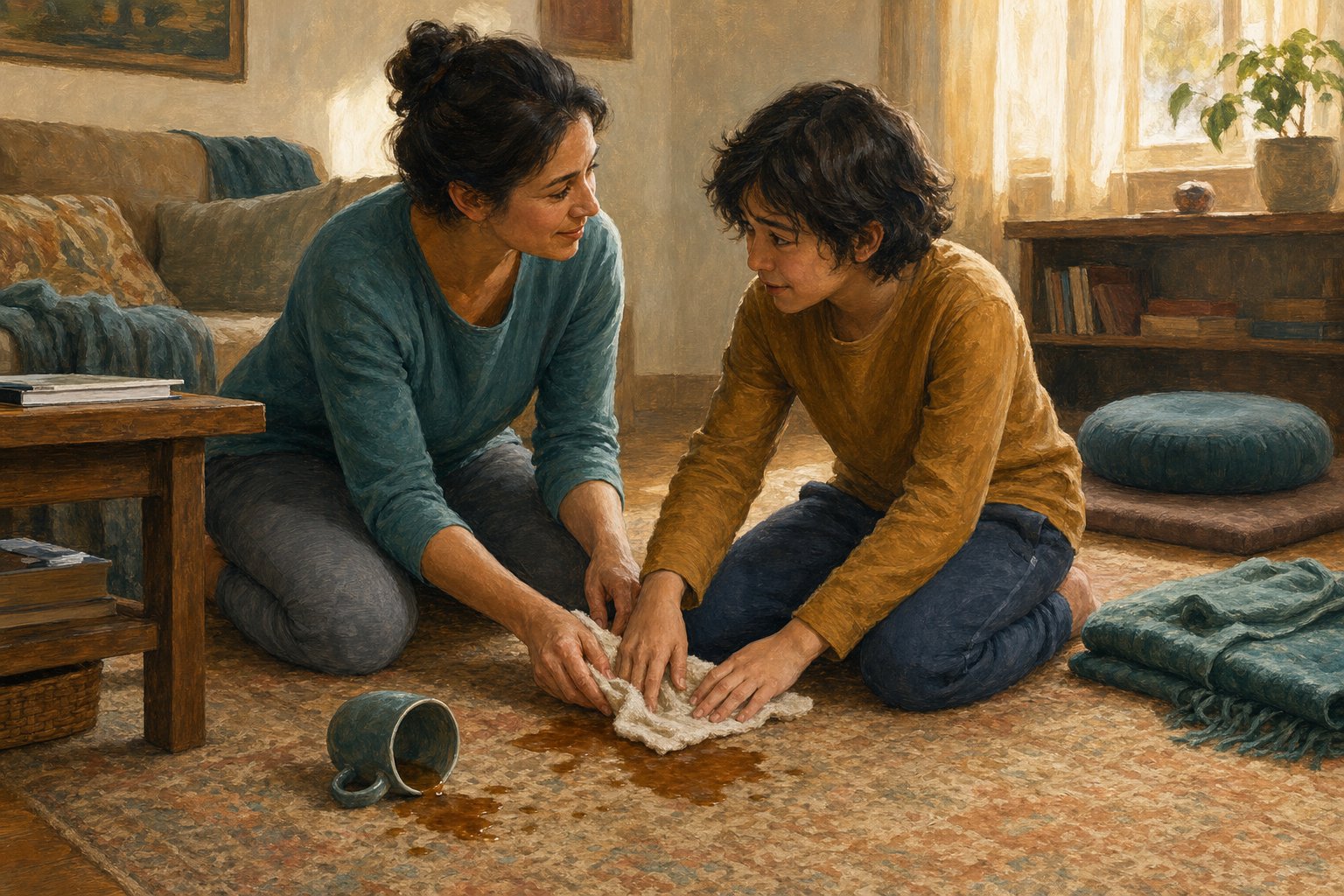 An adult calmly helps a younger family member clean spilled tea while a meditation cushion rests in the background.