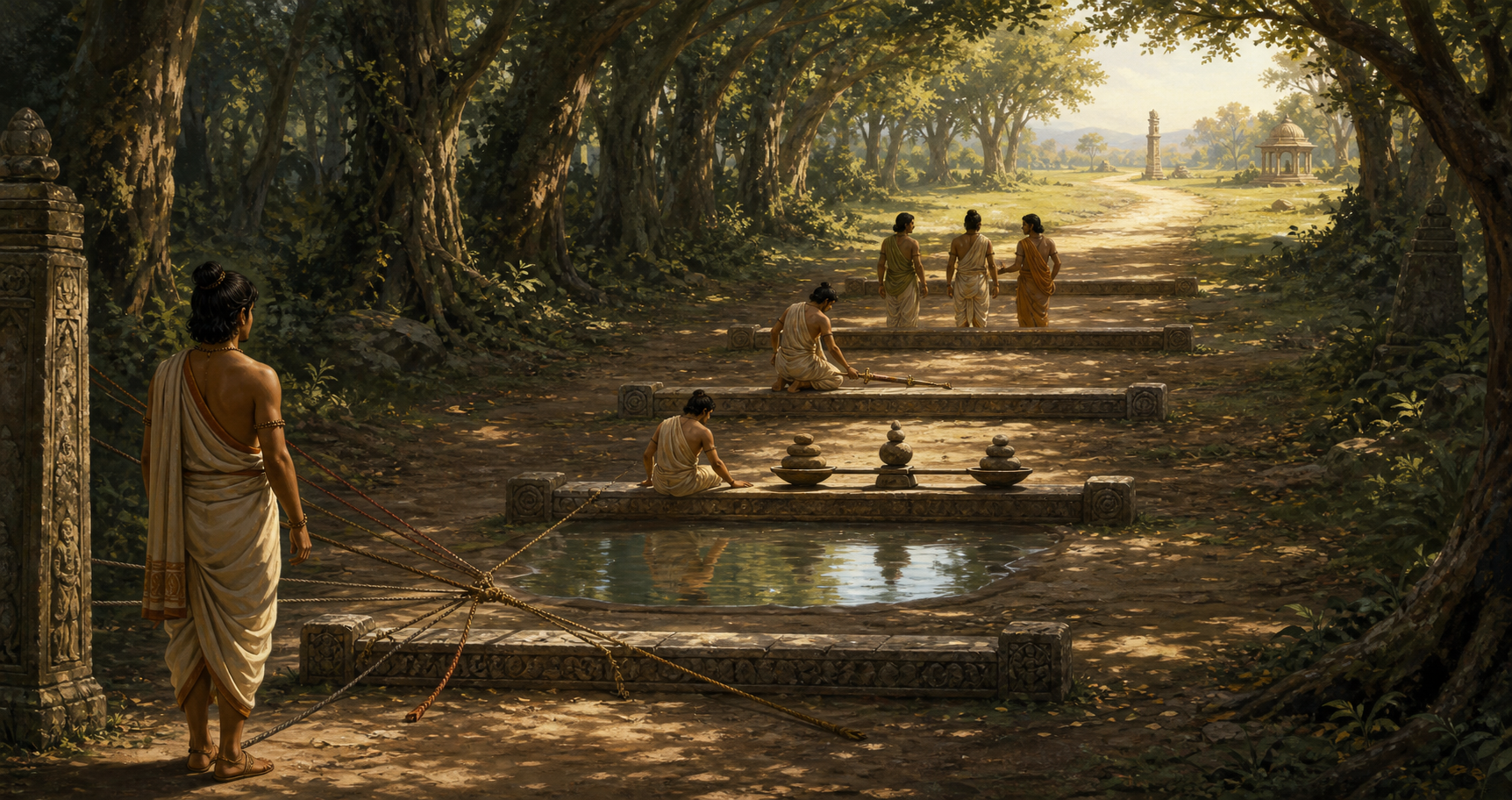A traveler follows a forest path through five stone thresholds marked by cords, a reflective pool, balanced stones, a set-down weapon and two companions.
