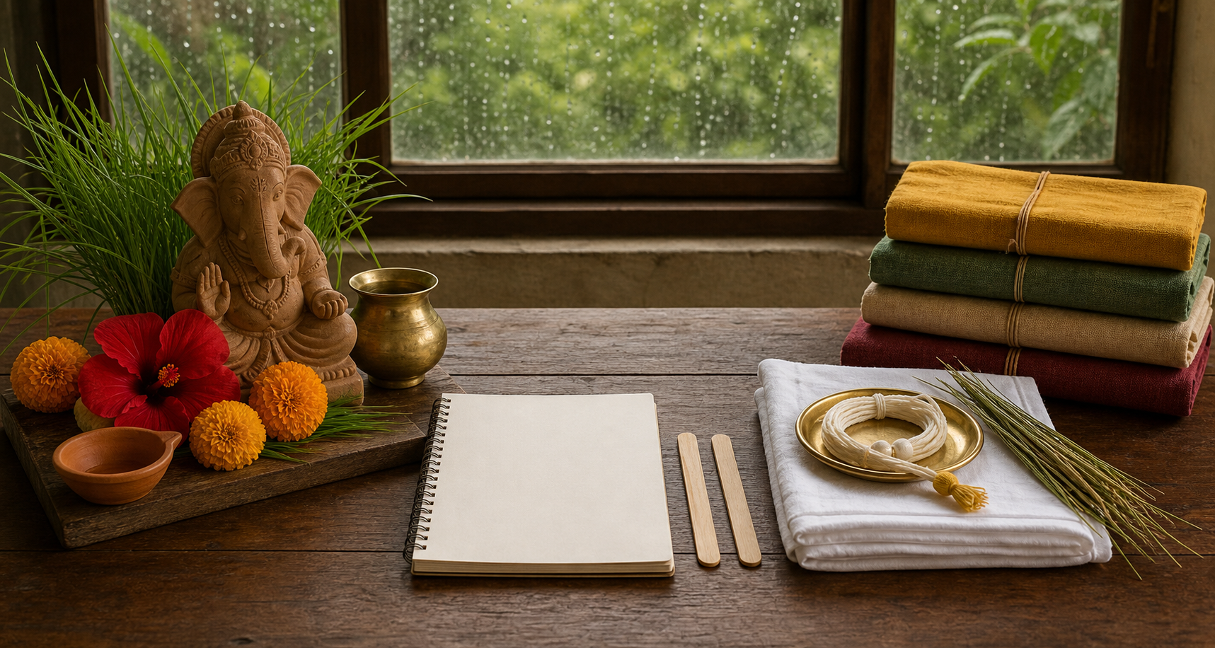 Two separate Shravan preparation arrangements on a wooden table, with a clay Ganapati and fresh durva grass on one side and sacred-thread materials, darbha grass, and wrapped scripture bundles on the other.