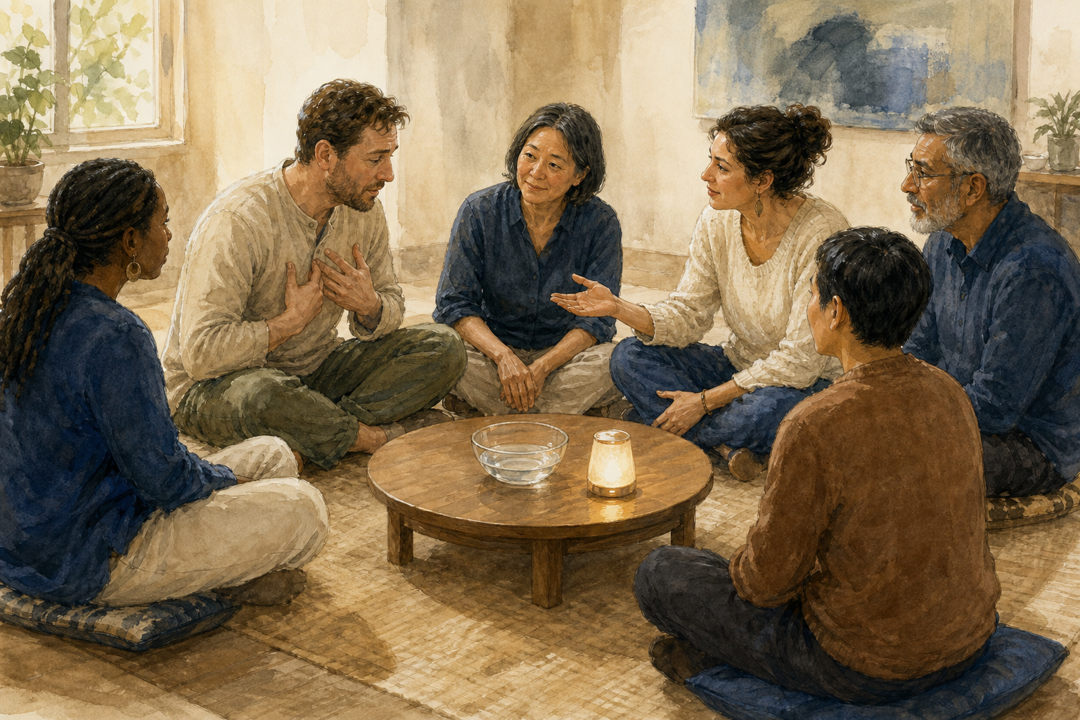 Six adults, including an experienced teacher, sit at the same level in a circle while one person receives attentive feedback from the group.