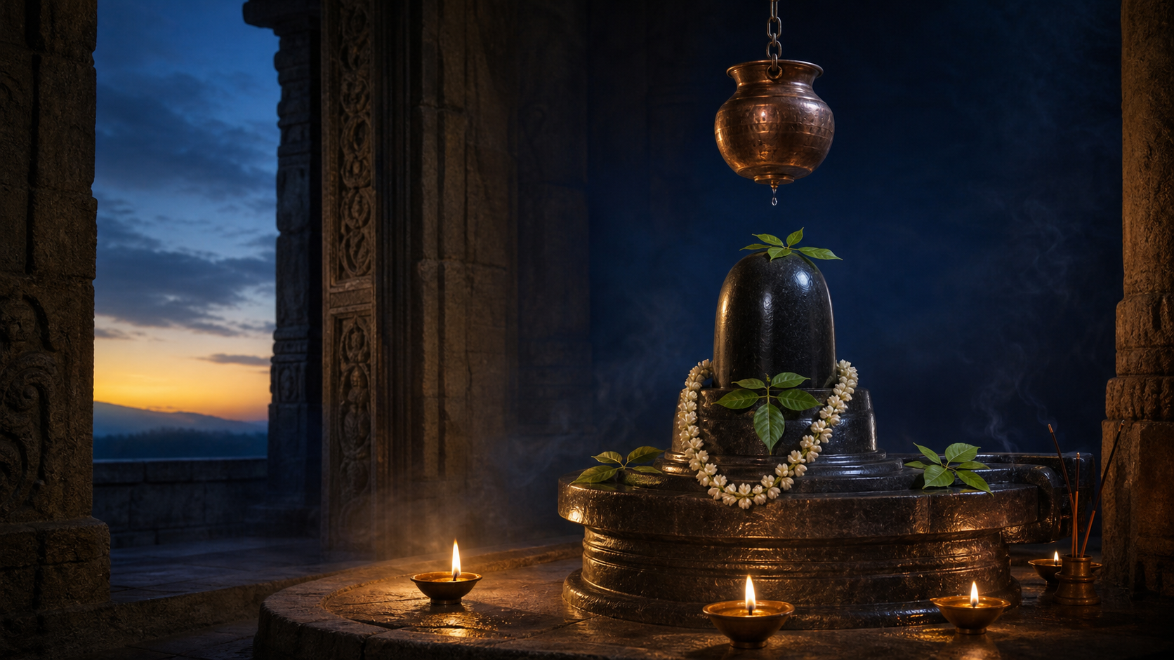 A Shiva lingam decorated with bilva leaves and white flowers glows in lamplight inside a stone temple as the sky beyond shifts from early morning to deep night.