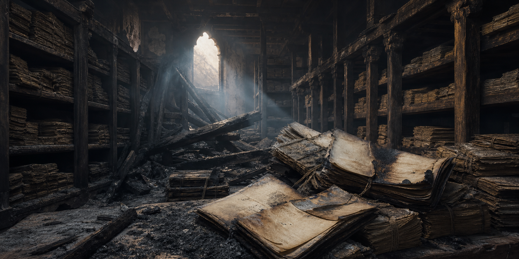 Ash-covered bundles of paper and collapsed wooden shelves inside a fire-damaged historical records room.