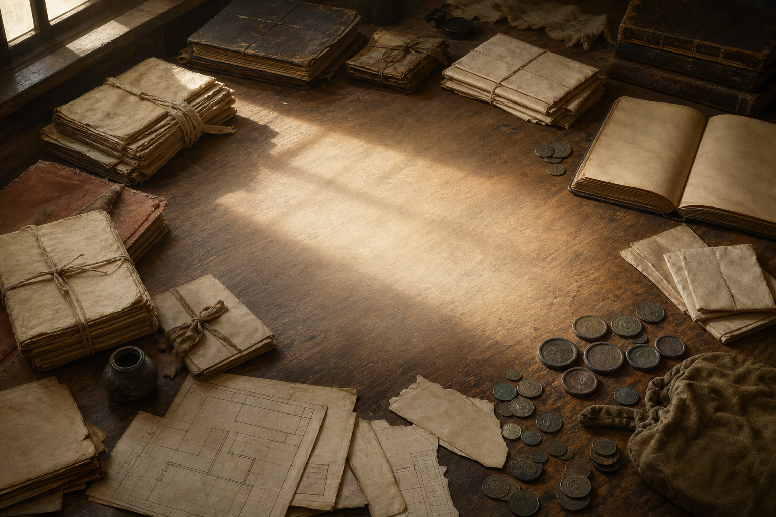 Surviving manuscripts, account books, coins, and seals arranged around an empty space on a research table.