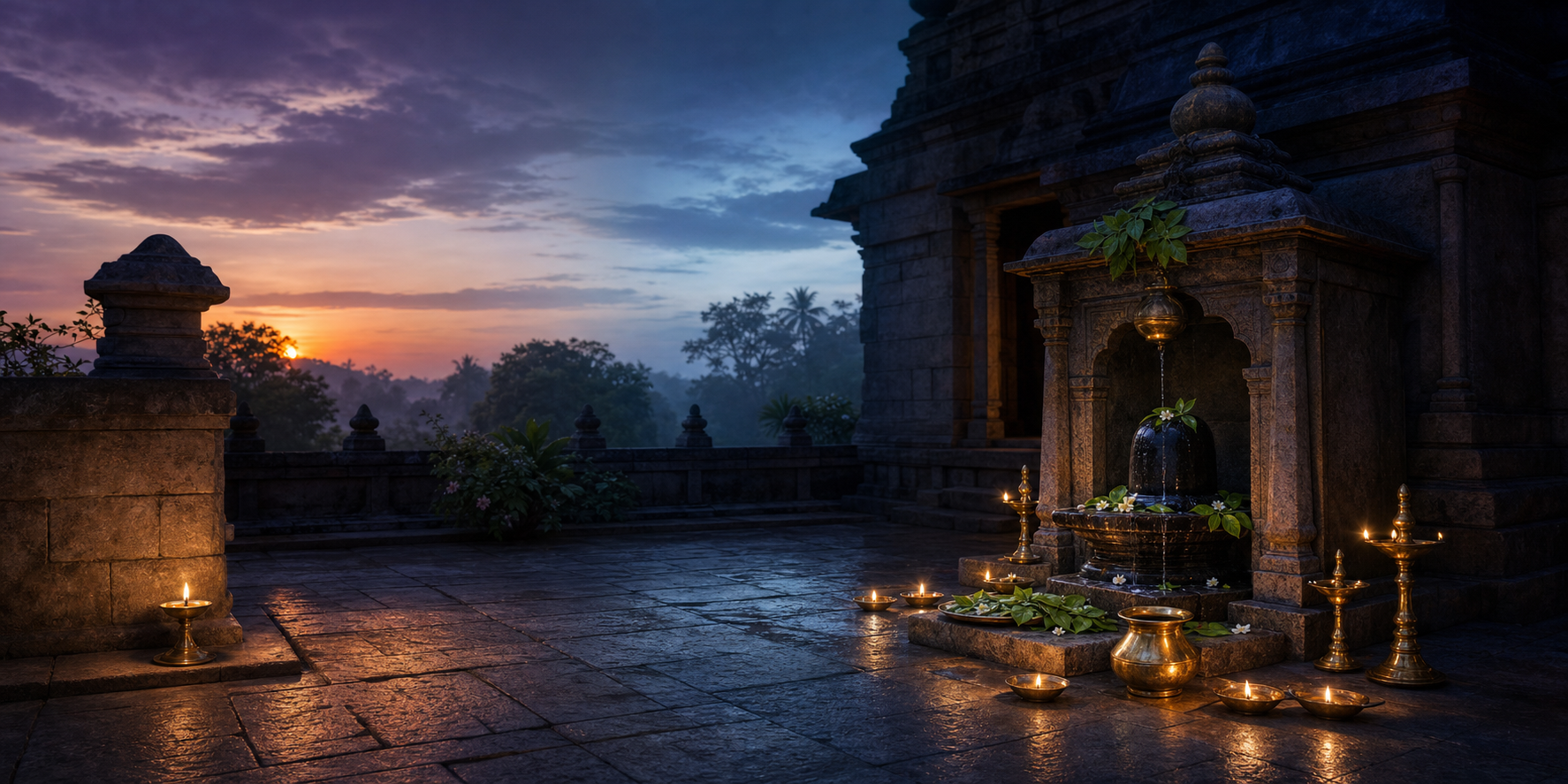 A panoramic temple courtyard moves from one evening through pre-sunrise light to the next dark evening, with a Shiva shrine prepared differently at each end.