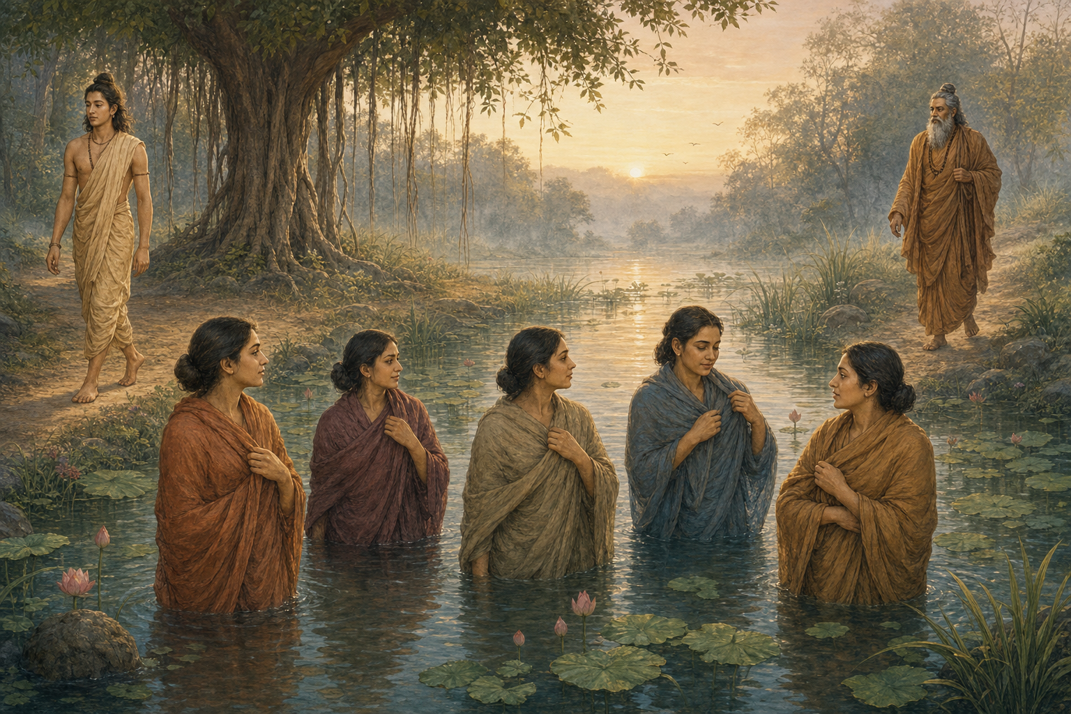 Women in modest draped garments stand in a forest pond as the young ascetic Shuka walks past and the older sage Vyasa approaches along the bank.