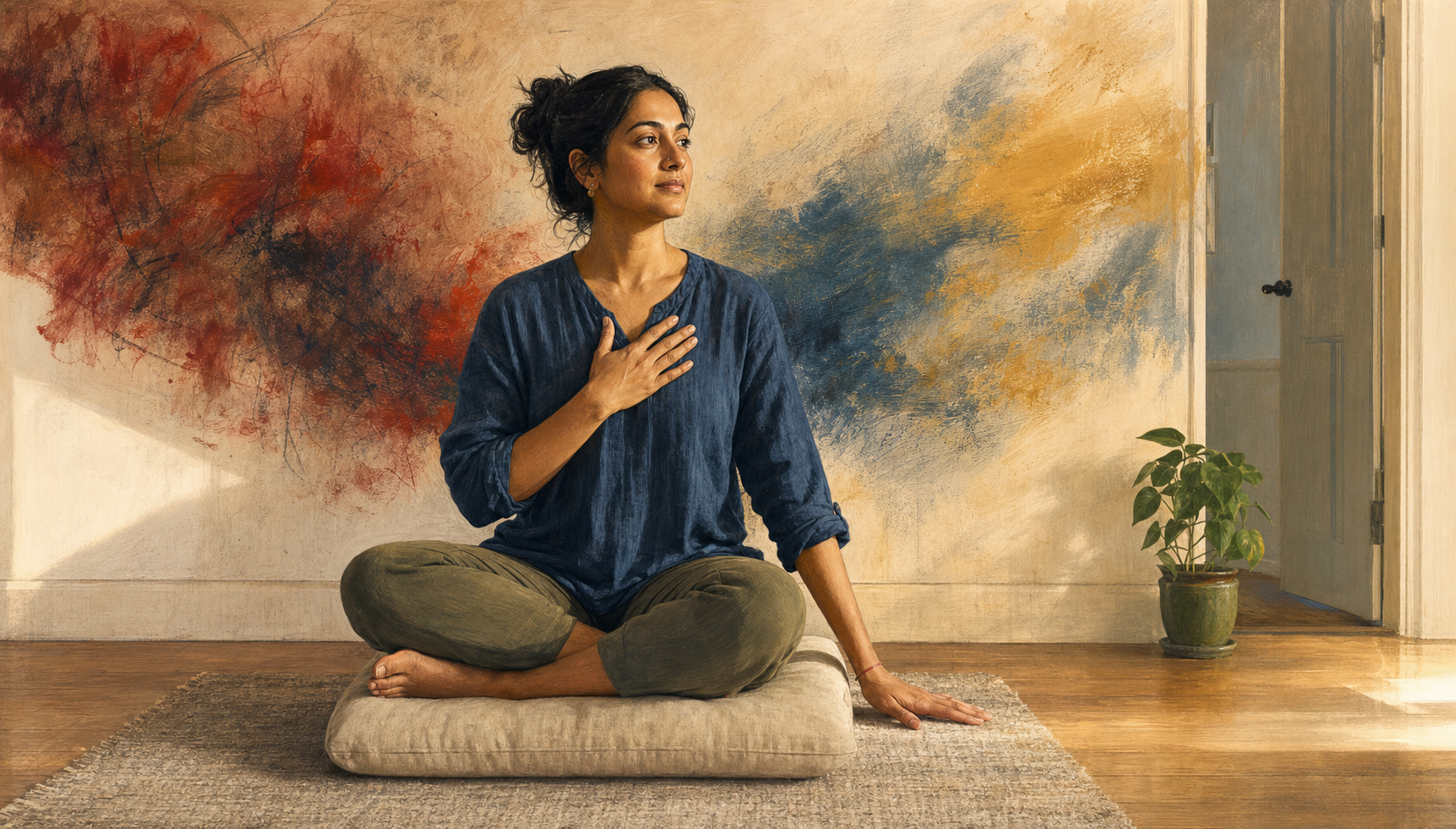 An adult sits upright on a cushion with one hand over the heart and the other touching the floor as dark red marks soften into calm blue and gold tones around them.