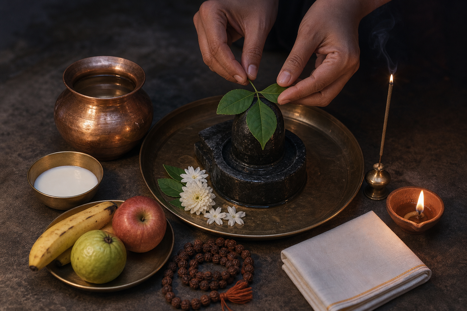 Hands place bilva leaves on a small Shiva lingam beside water, milk, flowers, fruit, incense, prayer beads, and a lit clay lamp at a home altar.