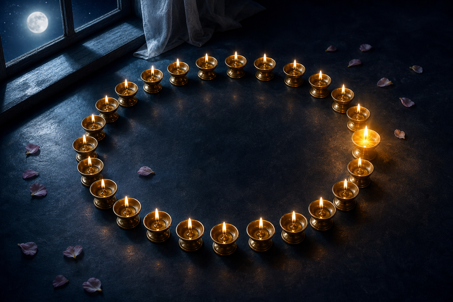 Twenty-seven brass oil lamps form a circle on a dark floor, with one lamp glowing more brightly beneath moonlight.