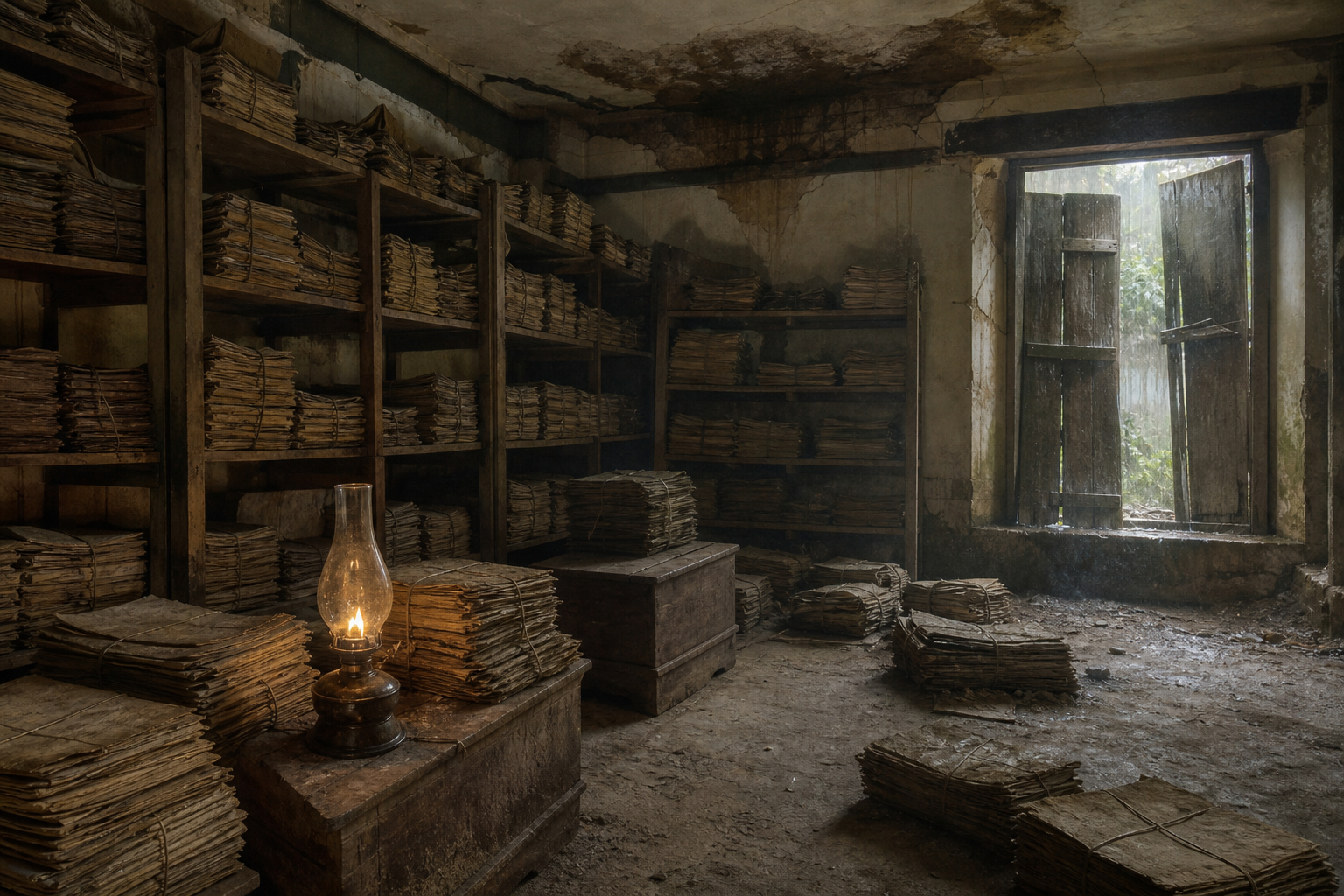 A neglected records room with crowded wooden shelves, paper bundles on the floor, a stained ceiling, and an oil lamp near loose documents.