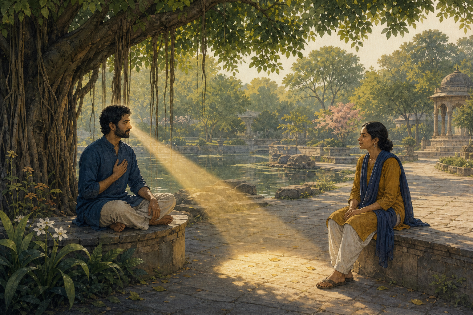 Two adults regard each other at equal eye level in a quiet garden, with open space between them and one person resting a hand over the heart.