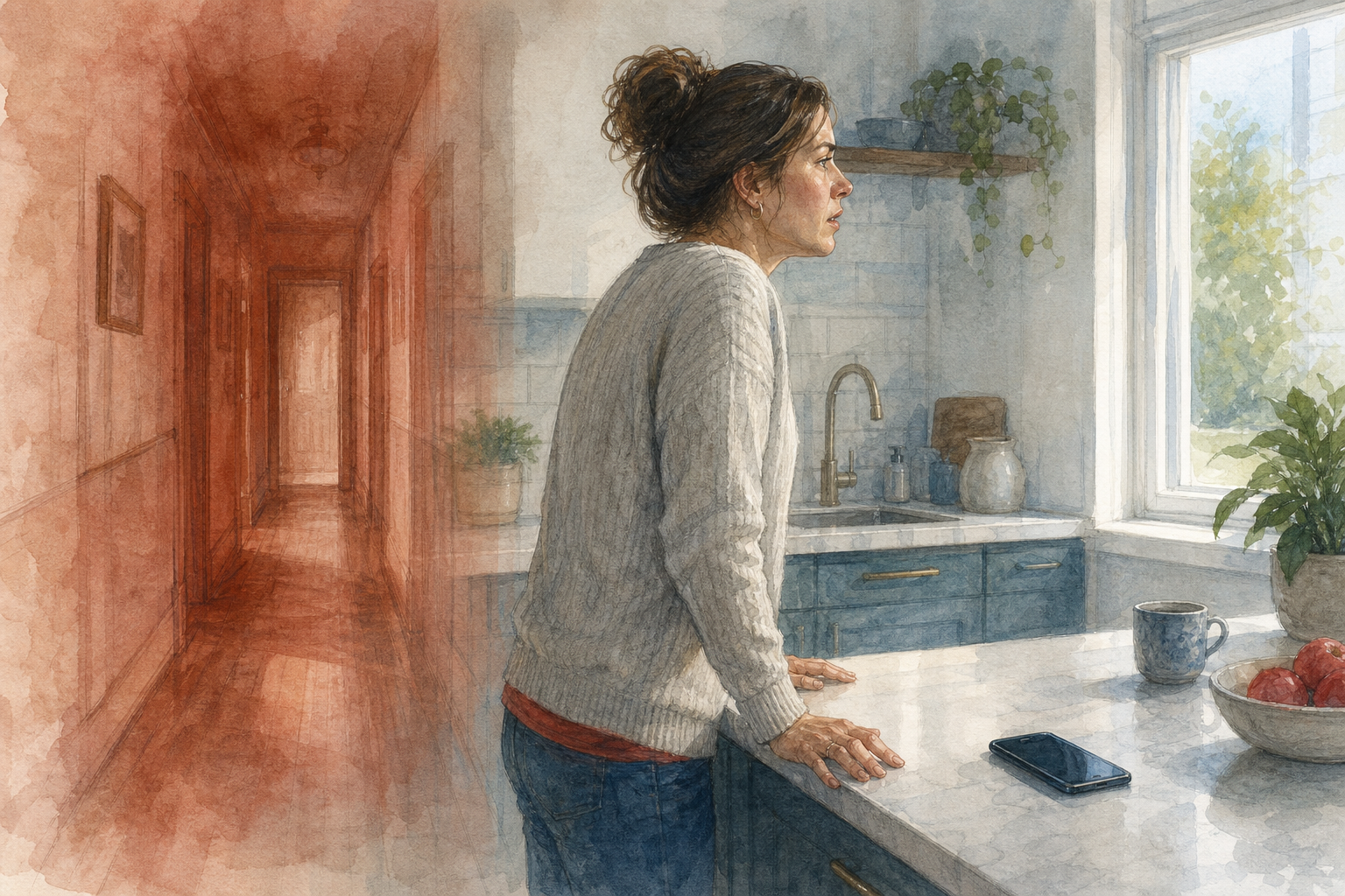 An adult tenses beside a phone in a bright kitchen while a faint reddish hallway appears behind them like an old memory.
