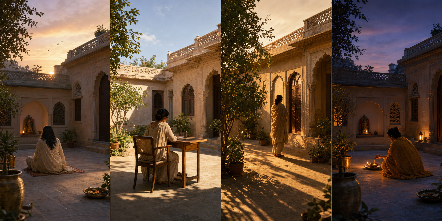 Four connected views of one courtyard show sunrise, late morning, afternoon, and dusk through changing sunlight, shadows, and household activities.