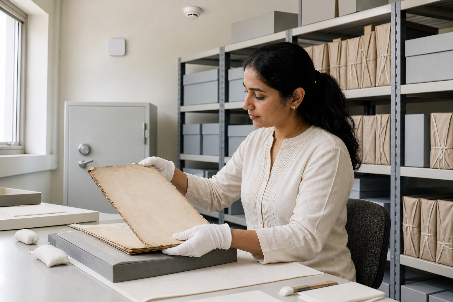 A paper conservator examines an old folio beside archival boxes, metal shelving, a fire-safe cabinet, and preservation equipment.