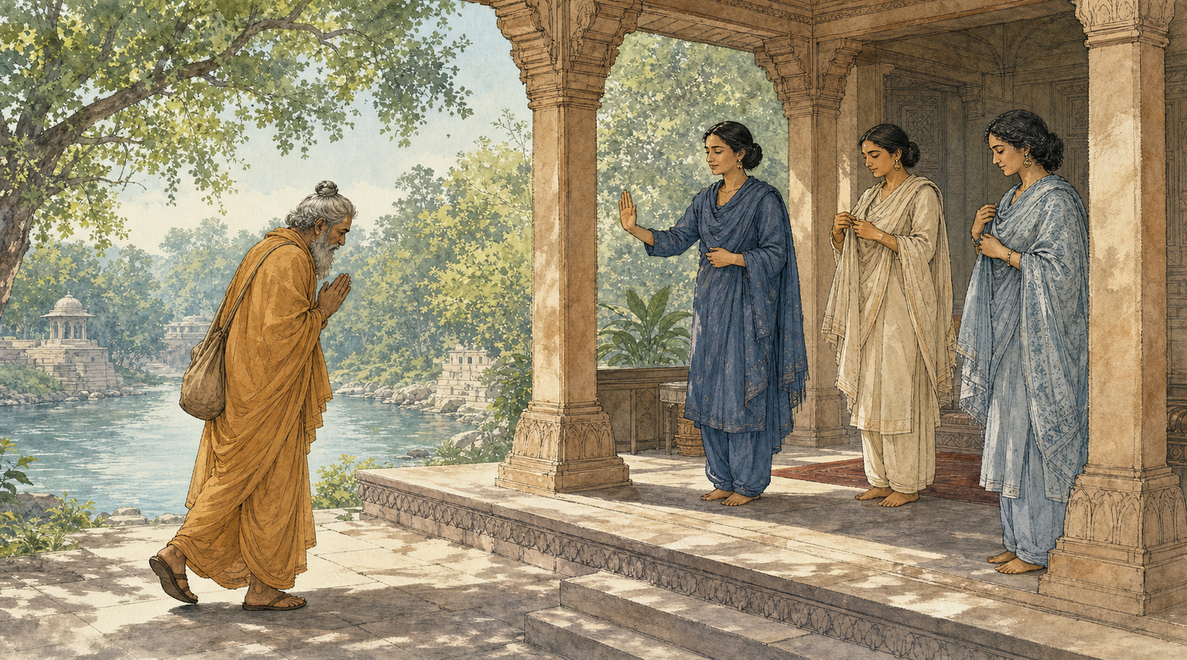 An older robed sage pauses outside a riverside pavilion as a woman signals a boundary and he responds with a respectful bow.