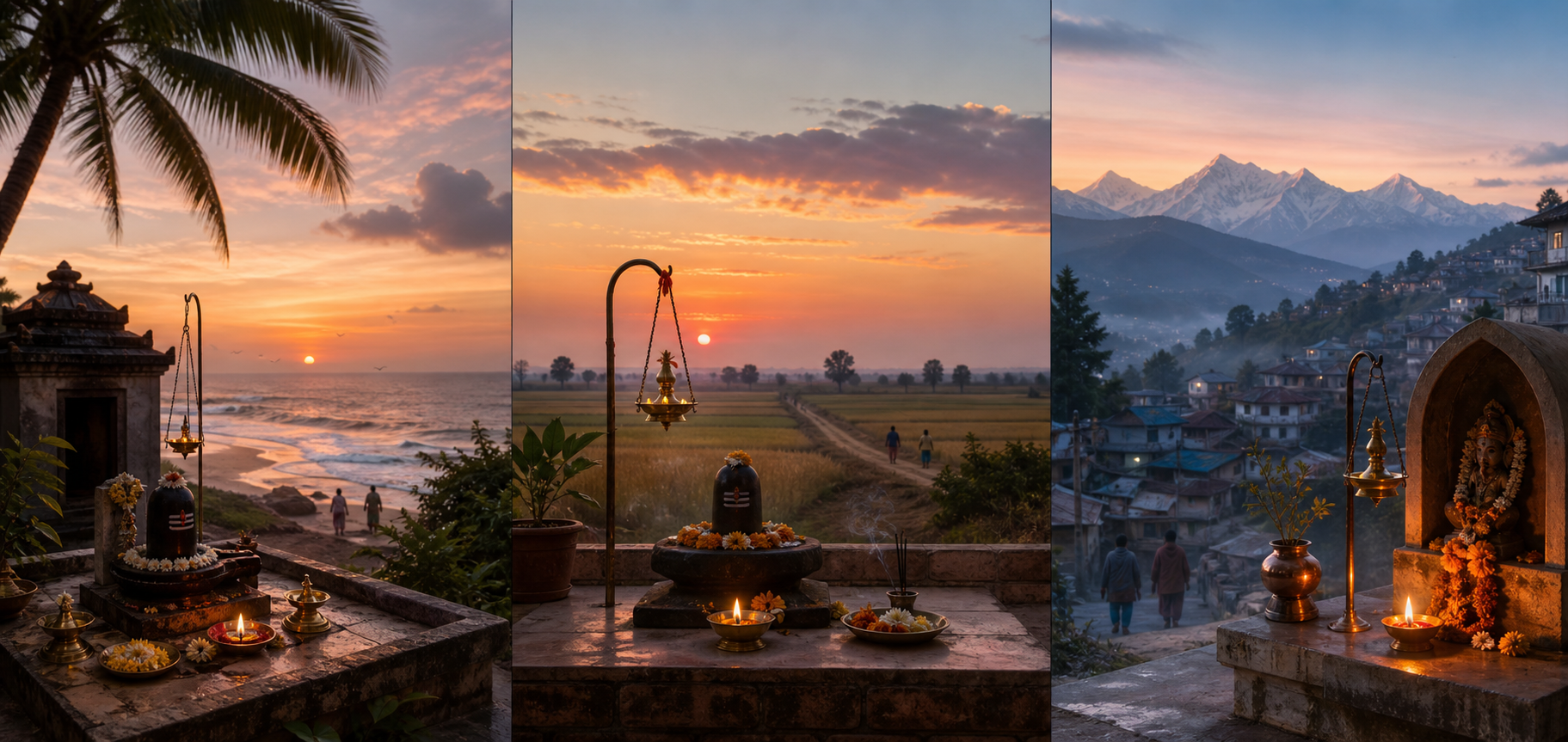 Three shrine settings on a coast, an inland plain, and in Himalayan foothills show different horizon lines and stages of changing daylight.