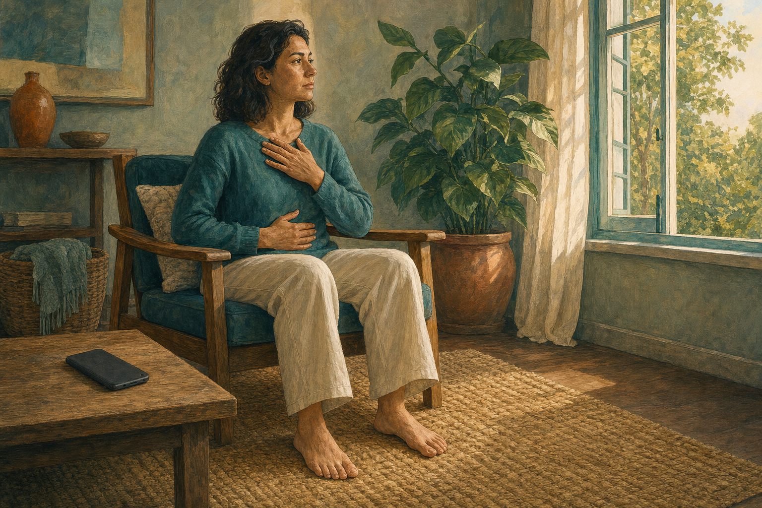 An adult grounds themselves with both feet on a rug and hands on their torso while a phone rests face down nearby.