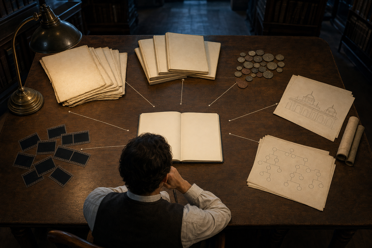 A historian compares manuscripts, ledgers, coins, plans, and photographic negatives arranged around a central gap on a reading-room table.