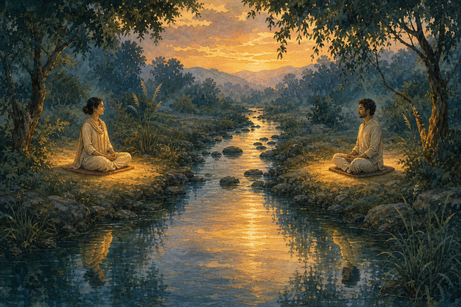 Two adults meditate on separate banks of a narrow stream while their reflections meet in the continuous water below.