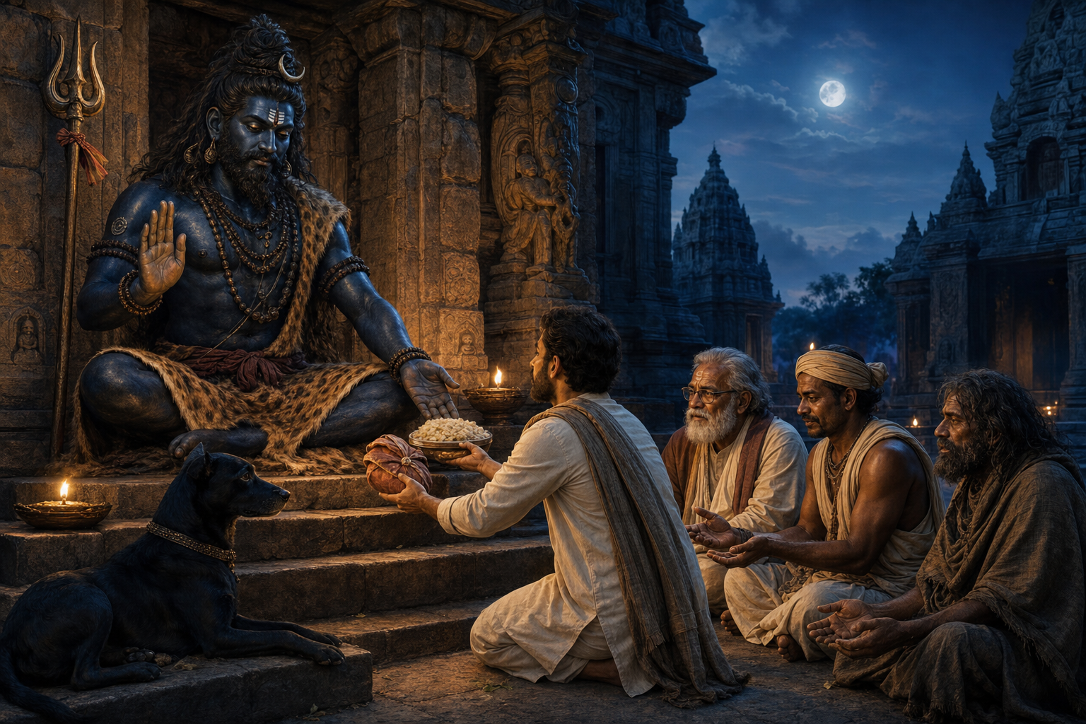 Bhairava sits protectively at a temple threshold while a householder gives food and cloth to a teacher, a temple worker, and a traveler.