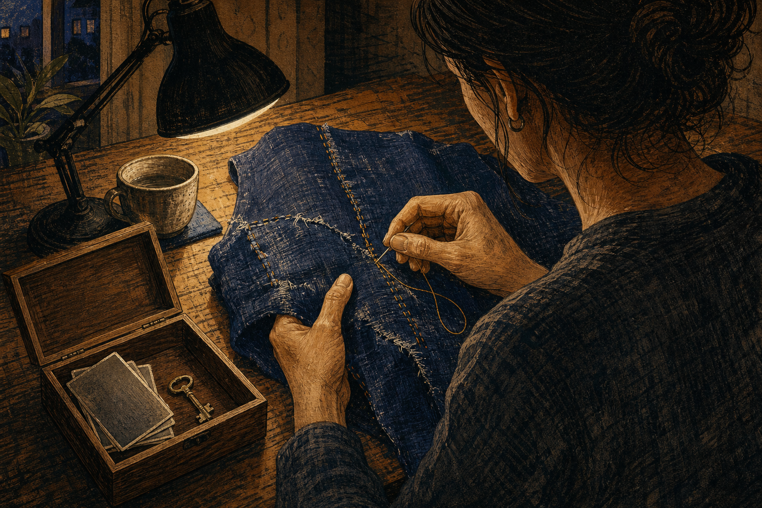 An adult repairs torn indigo cloth with golden thread at a table beside face-down photographs and a house key.