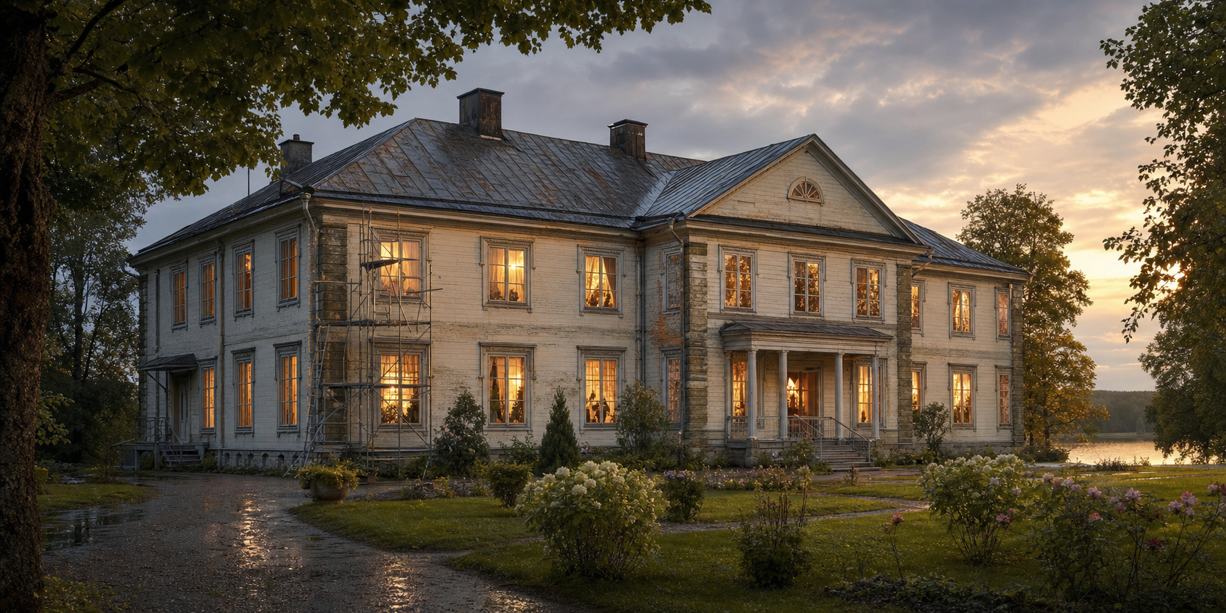 Historic Nordic manor used as a temple, with discreet restoration scaffolding and warm light glowing through its windows.